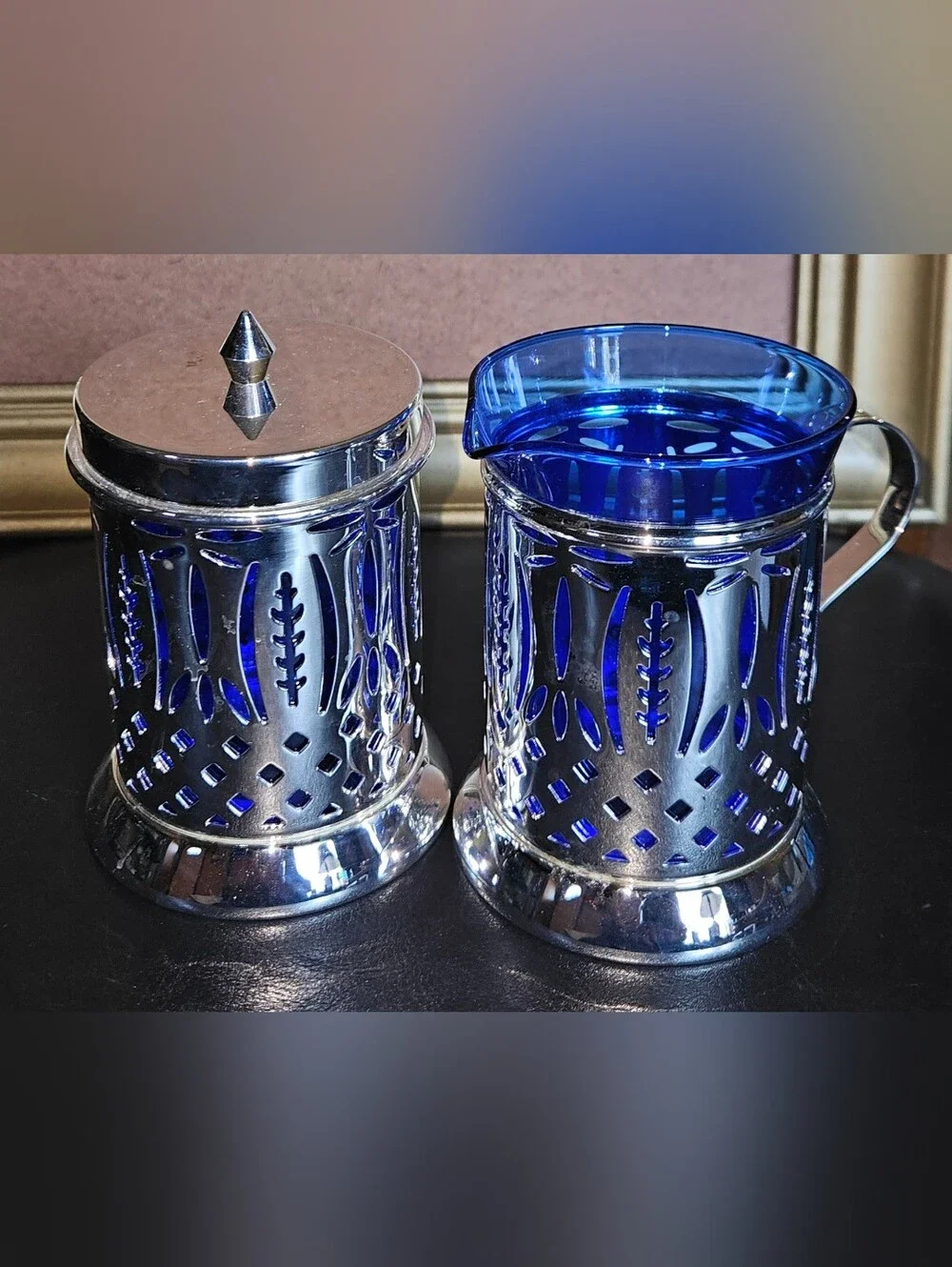Vintage Avon Royal Sapphire Sugar and Creamer Set Cobalt Blue Glass Inserts